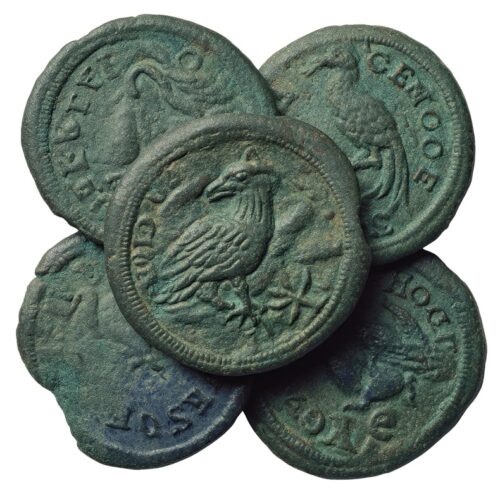 Grynszpan szlachetny pokrywający stare monety rzymskie