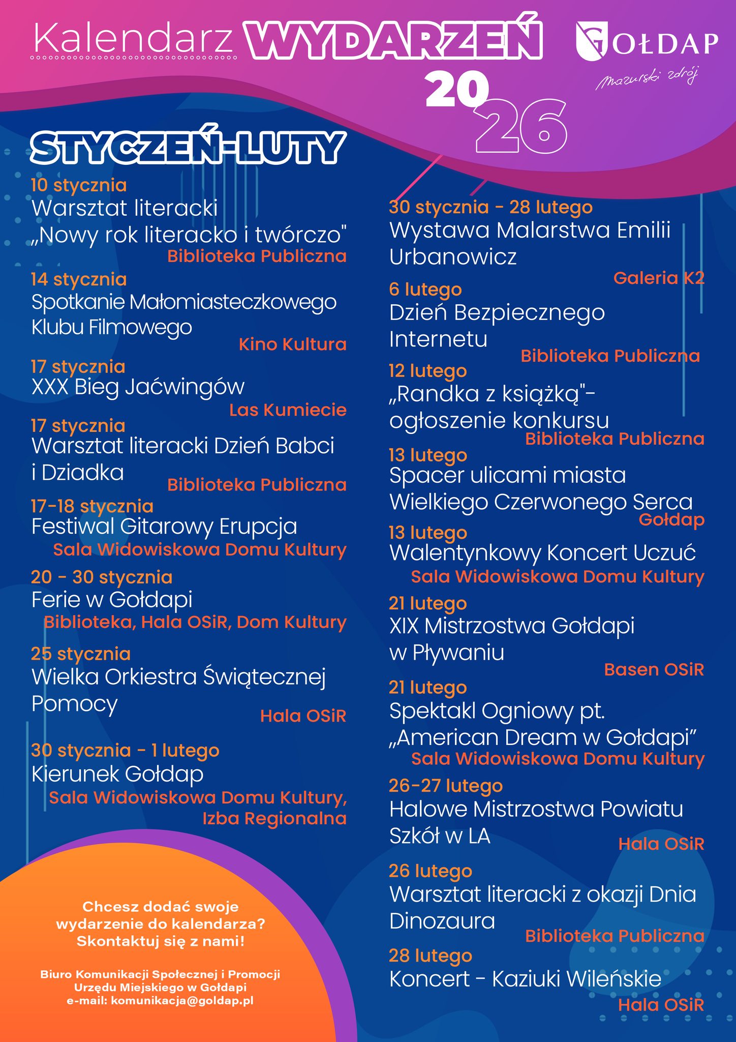 Kalendarz wydarzeń, które będą miały miejsce w Gołdapi w styczniu i lutym