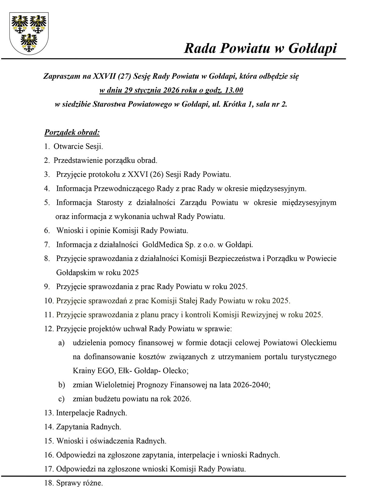 Czwartkowa sesja Rady Powiatu