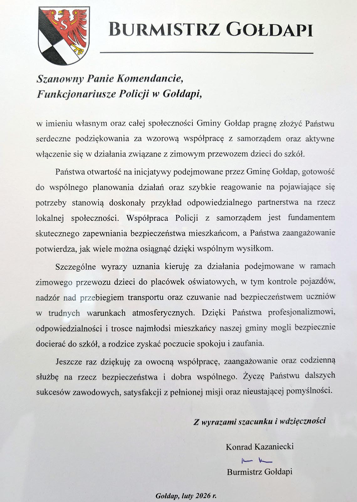 Podziękowania burmistrza Gołdapi dla policjantów