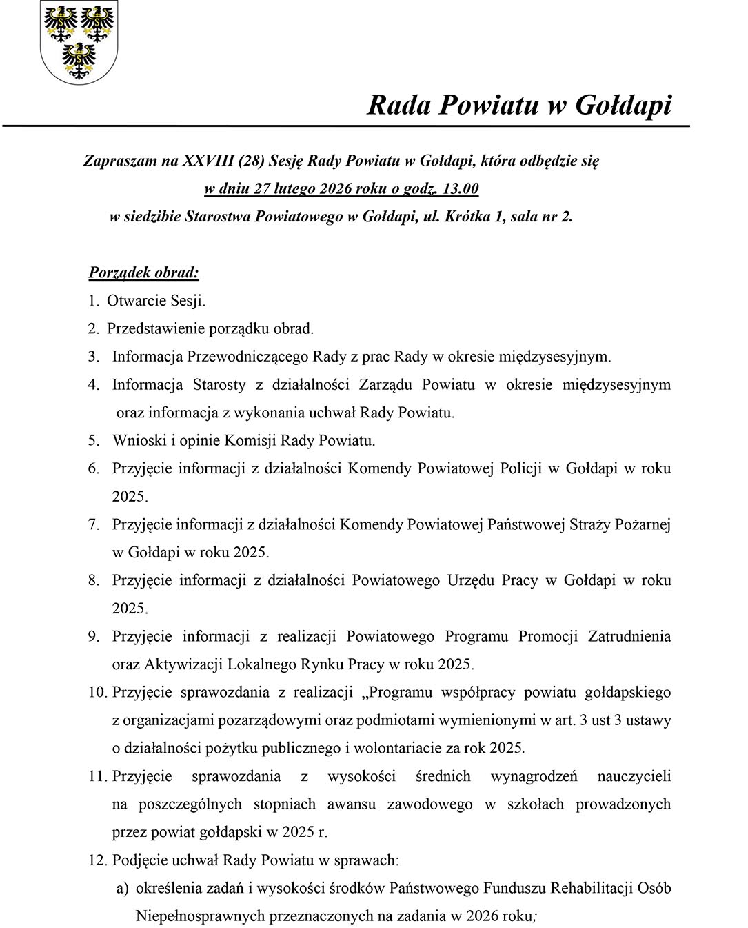 Piątkowa sesja Rady Powiatu Gołdapskiego