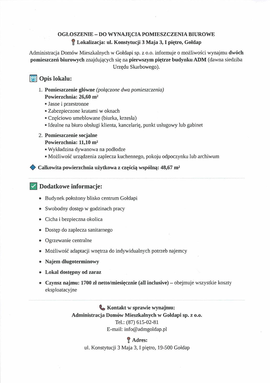 OGŁOSZENIE – DO WYNAJĘCIA POMIESZCZENIA BIUROWE