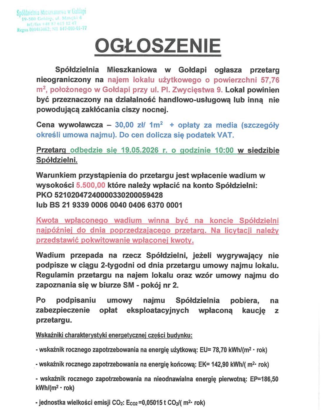 Spóldzielnie Mieszkaniowa.Ogłoszenie o przetargu