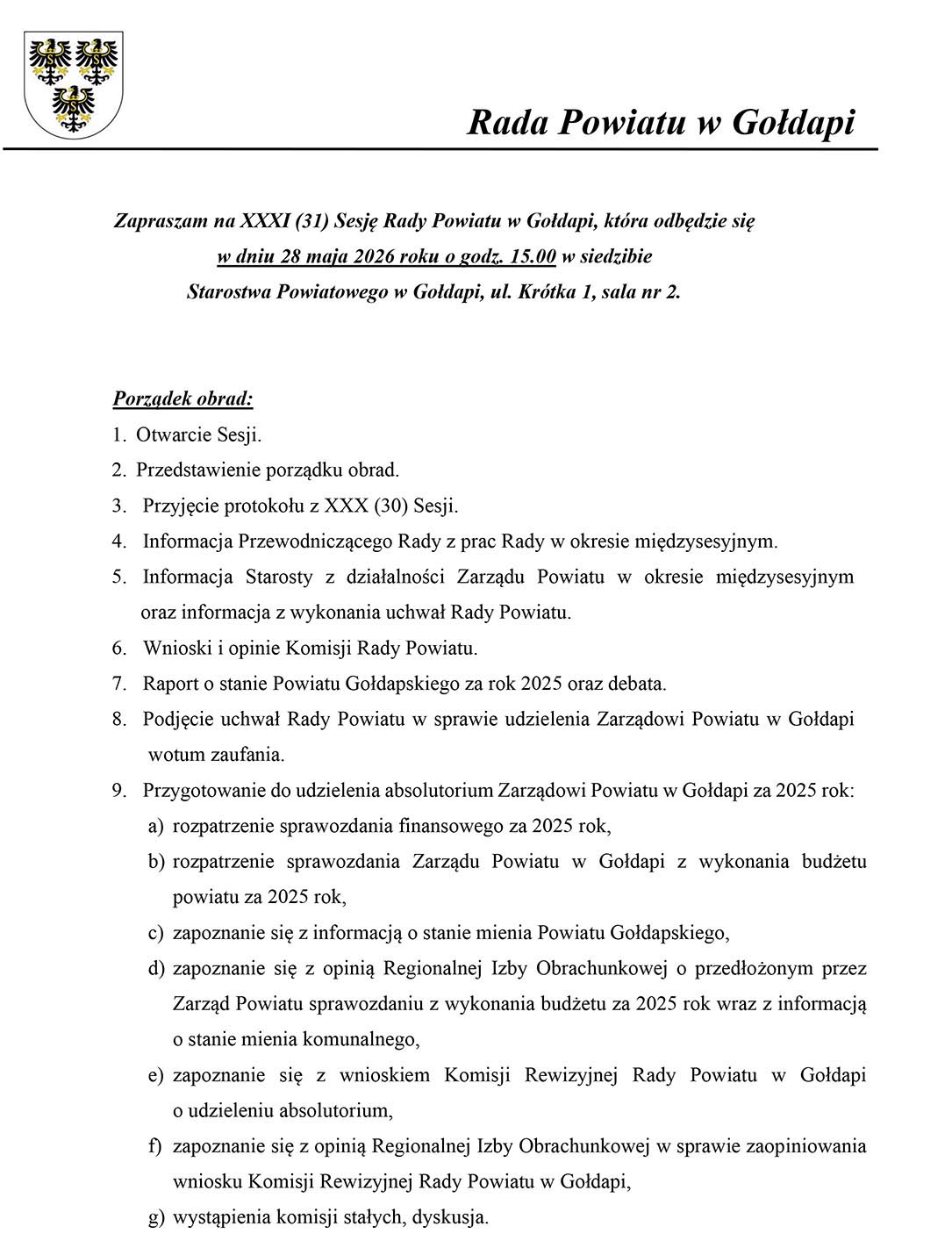 Czwartkowa (absolutoryjna) sesja Rady Powiatu Gołdapskiego