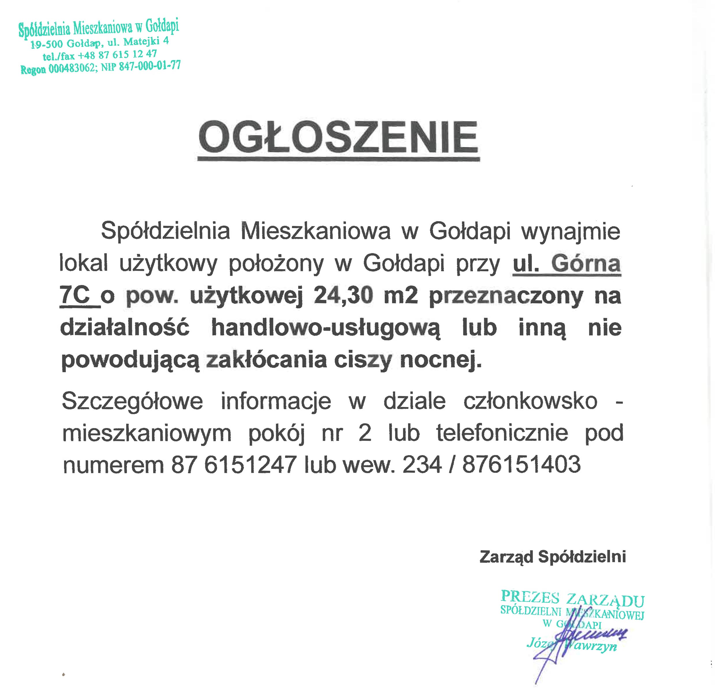 SM. Ogłoszenie o wynajmie lokalu przy Górnej