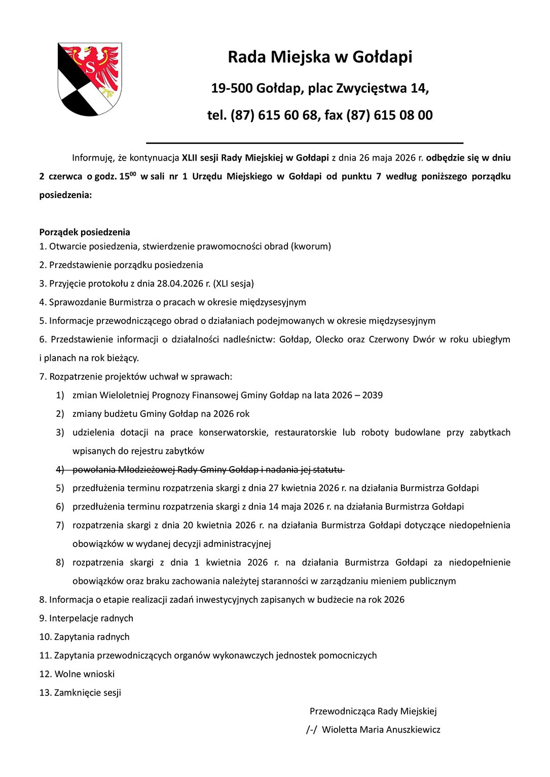 Wtorkowa kontynuacja sesji Rady Miejskiej rozpoczętej 26 maja