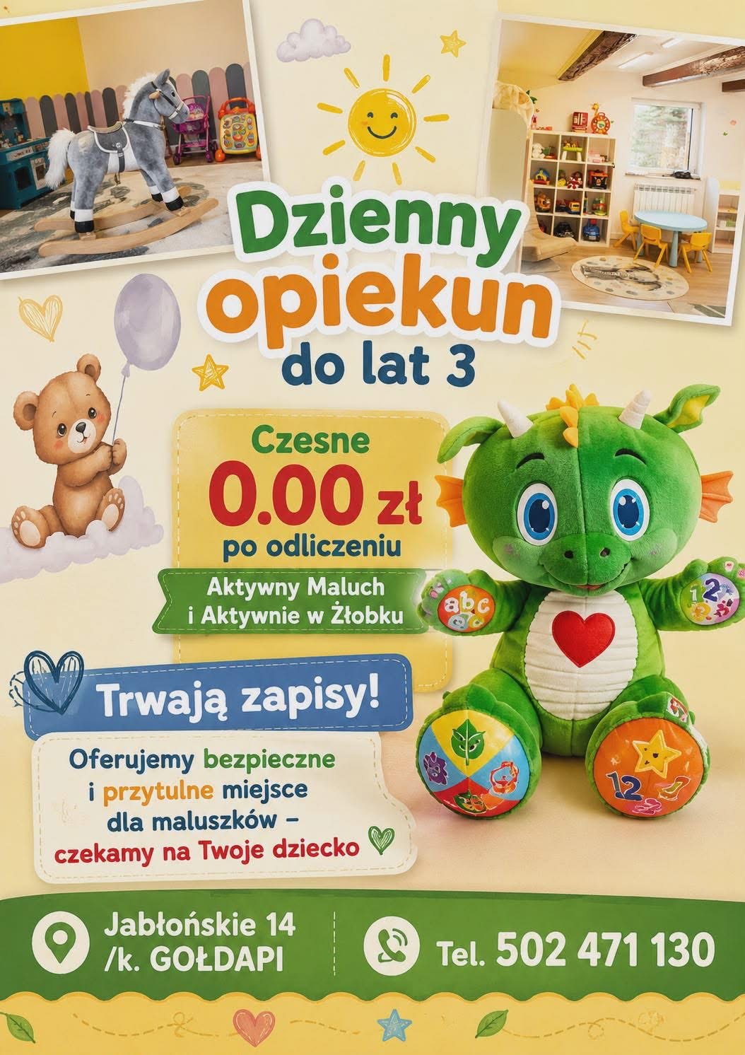 Ogłoszenie. W Jabłońskich rozpoczął działalność nasz nowy punkt dziennego opiekuna