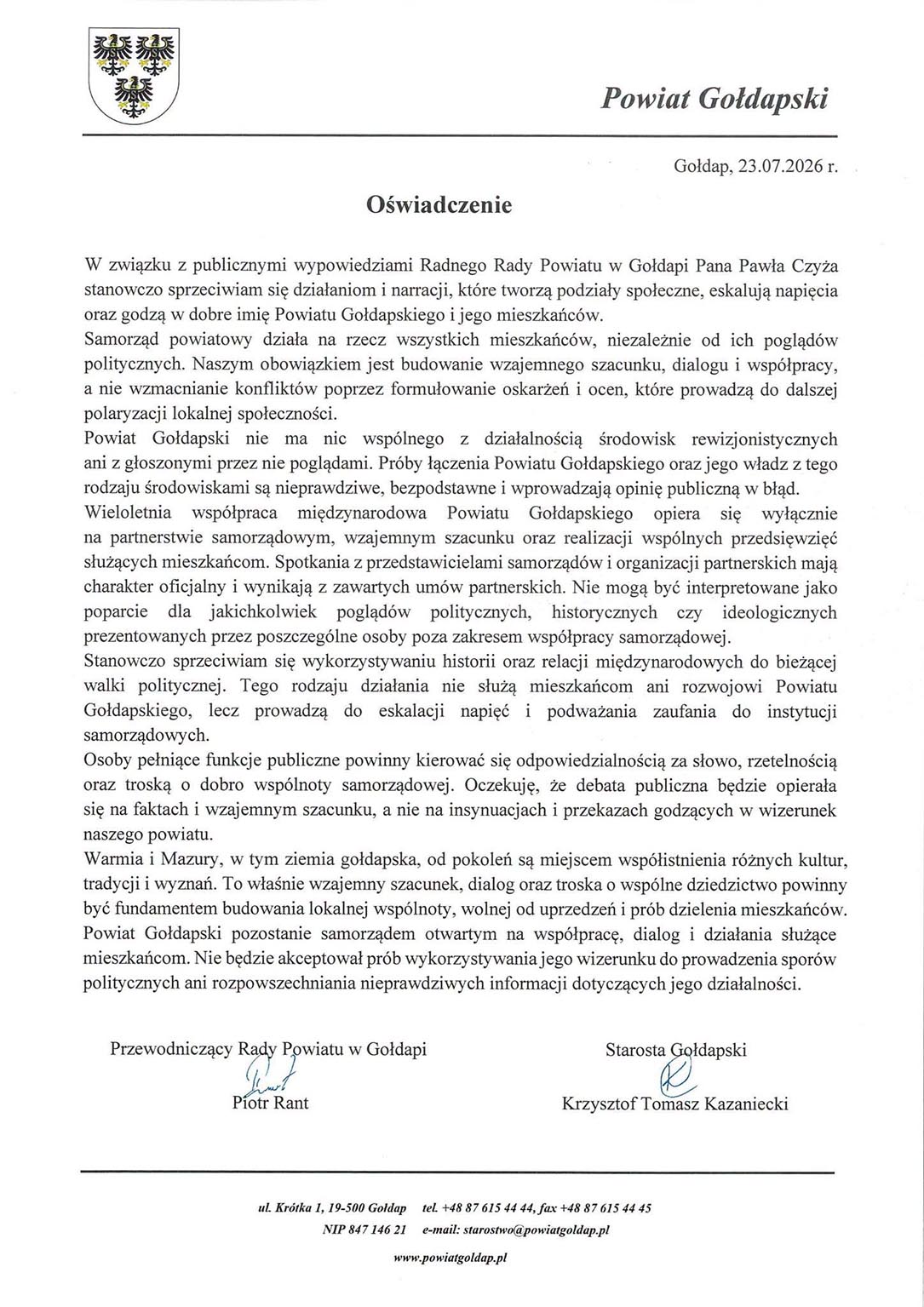 Oświadczenie statosty i przewodniczącego Rady Powiatu