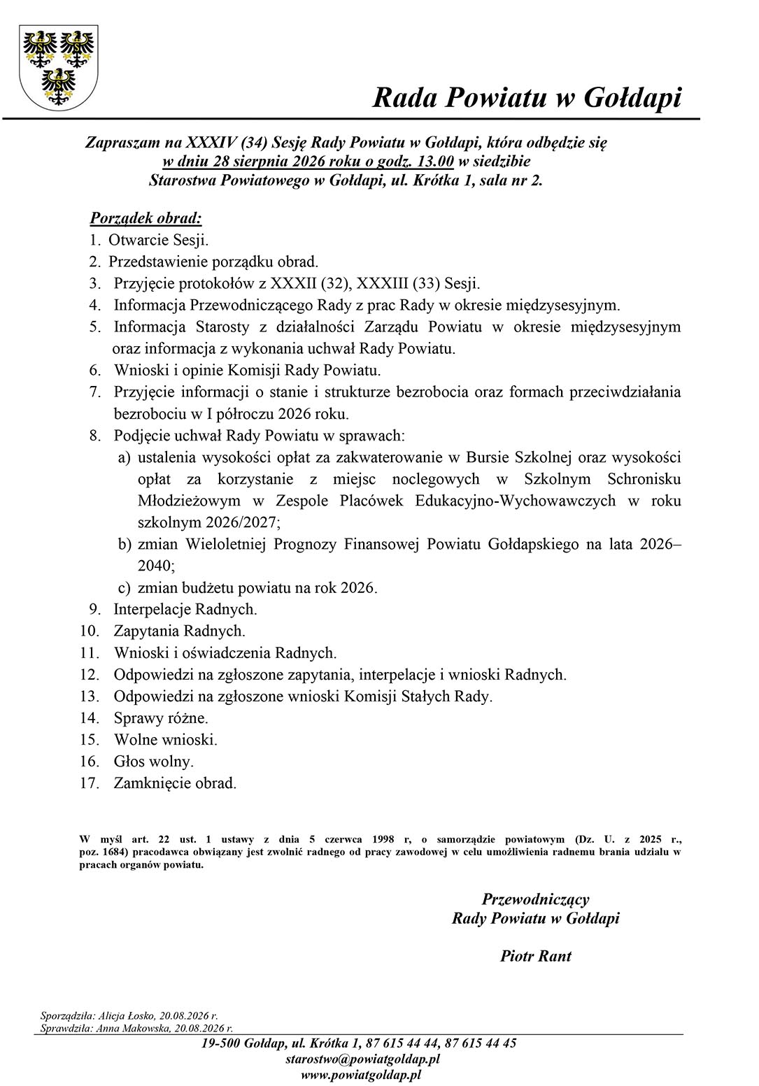 Piątkowa sesja Rady Powiatu