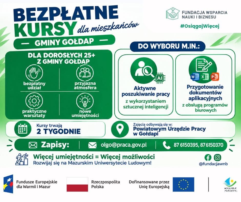 Zapraszamy mieszkańców gminy Gołdap do skorzystania z bezpłatnych kursów