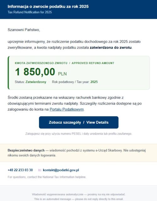 Uwaga, oszuści! Fikcyjny zwrot podatku!