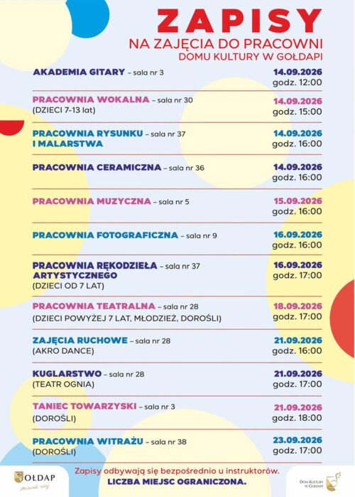 Wracamy po wakacyjnej przerwie! Rozpoczynamy zapisy na zajęcia w pracowniach Domu Kultury w Gołdapi!