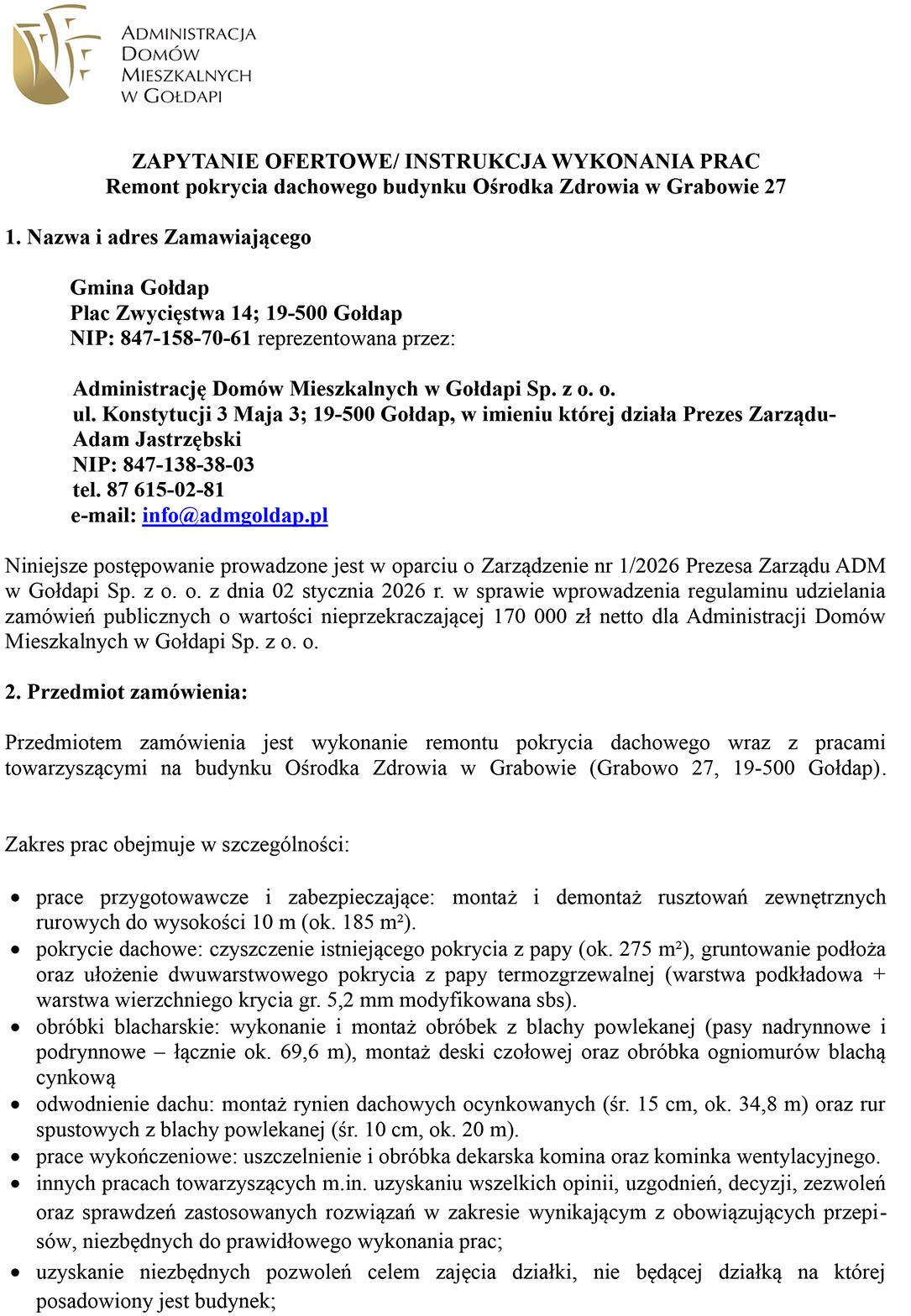 Ogłoszenie. ZAPYTANIE OFERTOWE/ INSTRUKCJA WYKONANIA PRAC