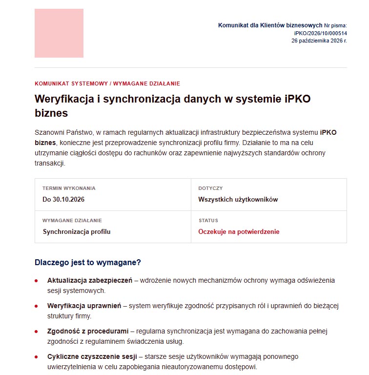 Uwaga oszustwo! Komunikat iPKO biznes: planowana synchronizacja danych profilu